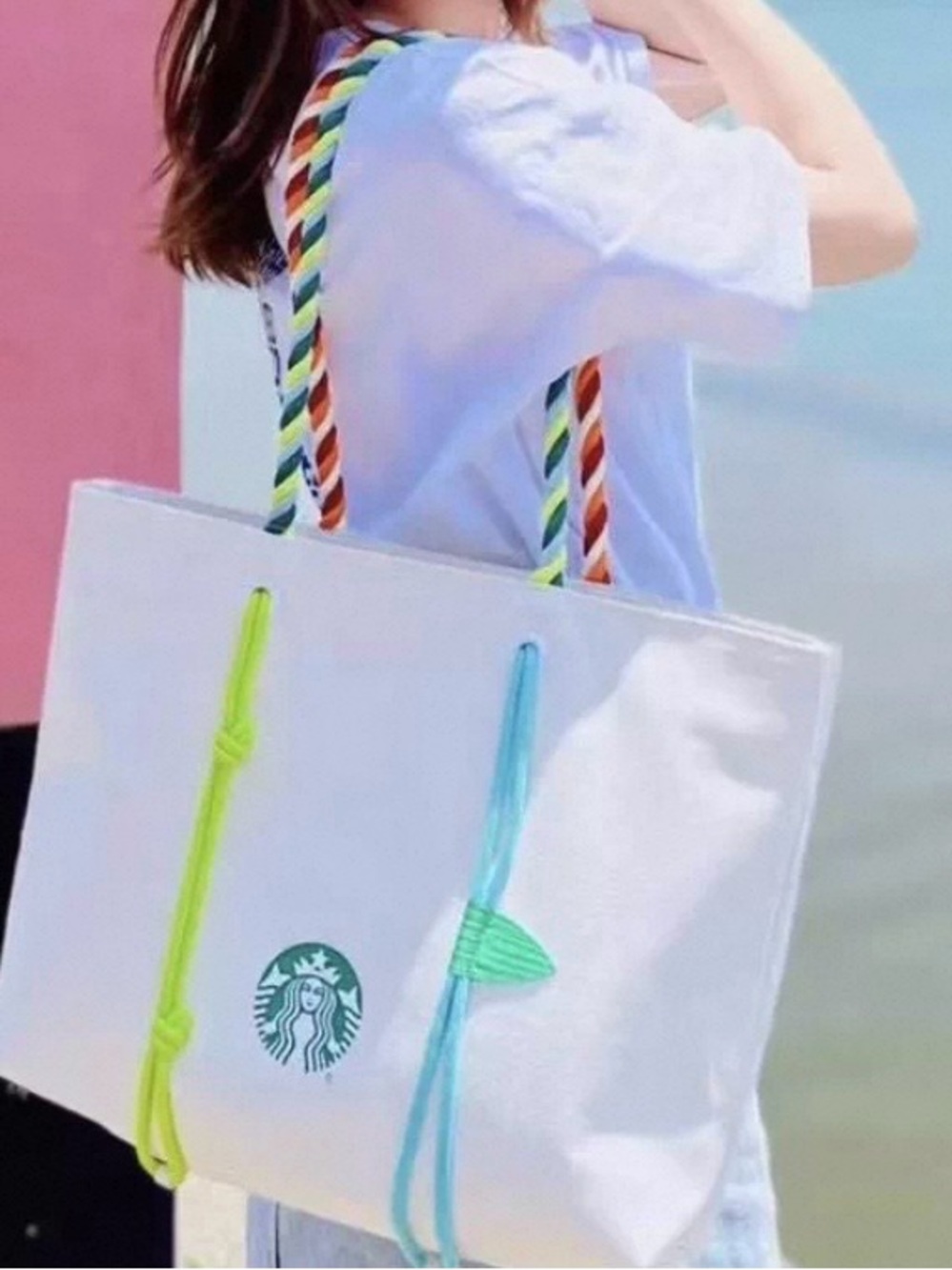 Starbucks White Canvas Tote with Rainbow Rope Handles and Turquoise Drawcord - Picture 1 of 11